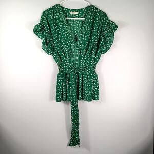 Max Studio Blouse Small Green Floral Tie Waist Ruffle Sleeve V Neck Top Peplum